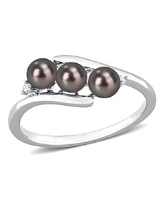 Amour 3.5 - 4 MM Black Freshwater Cultured Pearl and Diamond Accent Ring in Sterling Silver