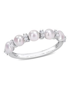 Amour 3.5-4mm Cultured Freshwater Pearl and 1/8 CT TGW White Topaz Semi Eternity Ring in Sterling Silver