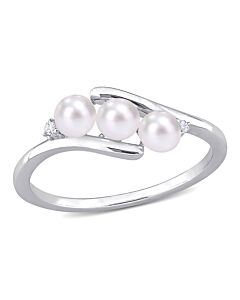 Amour 3.5-4mm Freshwater Cultured Pearl and Diamond Accent 3-Stone Bypass Ring in Sterling Silver