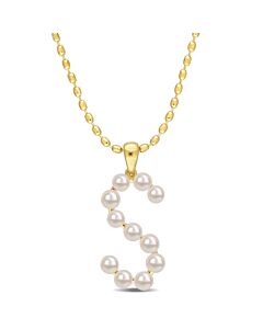 AMOUR 3.5-4mm Freshwater Cultured Pearl Initial Pendant with Chain In Yellow Plated Sterling Silver