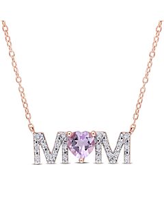 AMOUR 3/5 CT TGW Heart Rose De France and 1/10 CT TDW Diamond "mom in Pendant with Chain In Rose Plated Sterling Silver