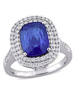 Amour 3 7/8 CT TGW Cushion Blue Sapphire and 1 CT TDW Diamond Halo Cocktail Ring in 14k White Gold