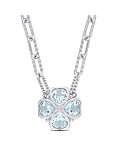 AMOUR 3 7/8 CT TGW Sky Blue Topaz and Diamond Accent Floral Heart Paperclip Chain Necklace In Sterling Silver