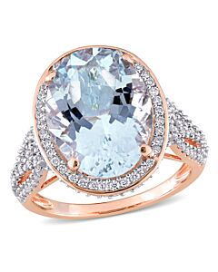 Amour 30 3/4 CT TGW Aquamarine and 7/8 CT TW Diamond Cocktail Halo Split Shank Ring in 14k Rose Gold