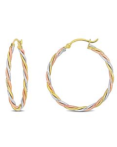 AMOUR Twisted Hoop Earrings In 3-Tone 10K White Yellow and Rose Gold