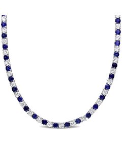 AMOUR 33 CT TGW Created Blue and Created White Sapphire Tennis Necklace In Sterling Silver