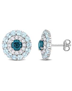 AMOUR 4 1/3 CT TGW London Blue Topaz, Sky Blue Topaz and White Topaz Double Halo Stud Earrings In Sterling Silver