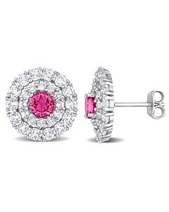 AMOUR 4 3/8 CT TGW Pink Topaz and White Topaz Double Halo Stud Earrings In Sterling Silver