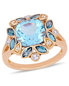Amour 4 4/5 CT TGW Sky Blue Topaz, London Blue and Topaz White Topaz Cocktail Ring in Pink Silver