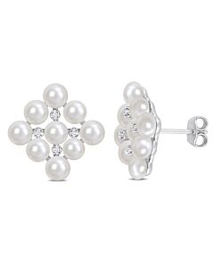 AMOUR 4-4.5mm Cultured Freshwater Pearl and Diamond Accent Stud Earrings In Sterling Silver