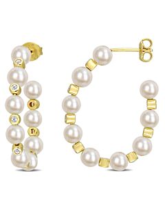 AMOUR 4.5-5mm Freshwater Cultured Pearl and 1/2 CT TGW White Topaz Beaded Hoop Earrings In Yellow Plated Sterling Silver