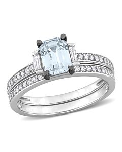 Amour 4/5 CT TGW Blue Sapphire and 3/8 CT TW Baguette and Round Diamonds Bridal Ring Set in 14K White Gold