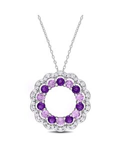 AMOUR 5 3/8 CT TGW Amethyst, African Amethyst and White Topaz Graduated Open Floral Halo Pendant and Chain In Sterling Silver