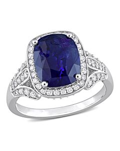 Amour 5 CT TGW Cushion Blue Sapphire and 5/8 CT TDW Diamond Halo Cocktail Ring in 14k White Gold