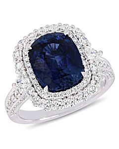 Amour 6 1/4 CT TGW Blue Sapphire and 1 2/5 CT TW Diamond Vintage Halo Ring in 14k White Gold