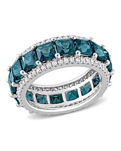 Amour 6 3/4 CT TGW London Blue Topaz and 5/8 CT TW Diamond Square Eternity Ring in 14k White Gold