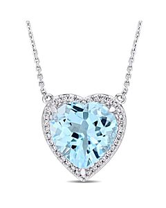 AMOUR 6 4/5 CT TGW Heart Shaped Blue Topaz and 1/5 CT TW Diamond Halo Pendant with Chain In 14K White Gold