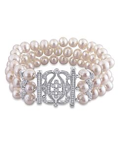 AMOUR 6.5 - 7 Mm White Cultured Freshwater Pearl Bracelet with Cubic Zirconia In Sterling Silver