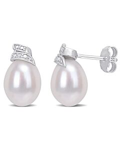 AMOUR 6.5-7mm Freshwater Cultured Pearl and Diamond Accent Swirl Stud Earrings In Sterling Silver