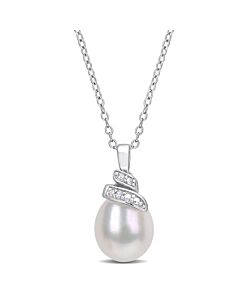 AMOUR 6.5-7mm Freshwater Cultured Pearl and Diamond Accent Swirl Pendant with Chain In Sterling Silver