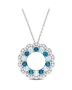 AMOUR 6 CT TGW London Blue, Sky Blue and White Topaz Open Circle Pendant with Chain In Sterling Silver