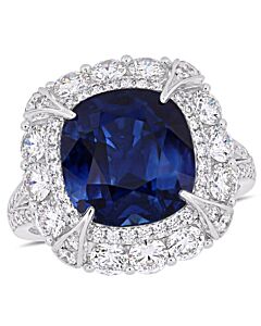 Amour 7 1/10 CT TGW Cushion-Cut Sapphire & 1 3/4 CT TW Diamond Halo Cocktail Ring in 14k White Gold