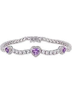 Amour 7-3/4 CT TGW Amethyst and Created White Sapphire Stationed Triple Halo Heart Tennis Bracelet in Sterling Silver JMS005252