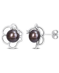 AMOUR 7.5-8mm Black Freshwater Cultured Pearl and White Topaz Floral Stud Earrings In Sterling Silver
