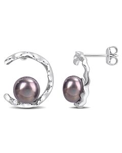 AMOUR 7.5-8mm Black Freshwater Cultured Pearl and White Topaz Open Wave Earrings In Sterling Silver