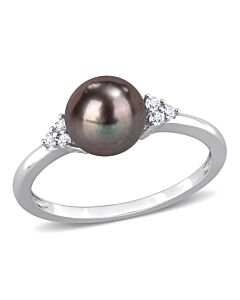 Amour 7.5 - 8 MM Black Freshwater Cultured Pearl and 1/5 CT TGW White Topaz Ring in Sterling Silver
