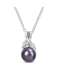 AMOUR 7.5-8mm Black Freshwater Cultured Pearl and Diamond Accent Floral Pendant with Chain In Sterling Silver