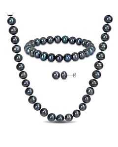 AMOUR 7.5-8mm Freshwater Cultured Black Pearl Necklace Bracelet and Earrings Set In Sterling Silver