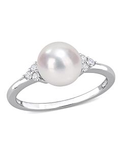Amour 7.5-8mm Freshwater Cultured Pearl and 1/10 CT TGW White Cubic Zirconia Ring in Sterling Silver