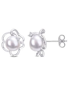 AMOUR 7.5-8mm Freshwater Cultured Pearl and Created White Sapphire Floral Stud Earrings In Sterling Silver