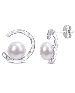 AMOUR 7.5-8mm Freshwater Cultured Pearl and Created White Sapphire Open Wave Stud Earrings In Sterling Silver