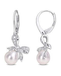 AMOUR 7.5-8mm Freshwater Cultured Pearl and Diamond Accent Bow Leverback Earrings In Sterling Silver