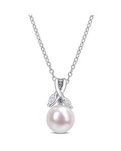 AMOUR 7.5-8mm Freshwater Cultured Pearl and Diamond Accent Drop Pendant with Chain In Sterling Silver