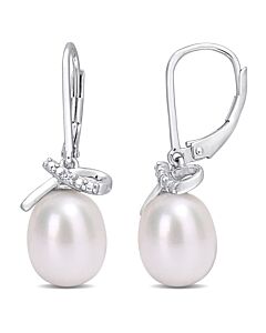 AMOUR 7.5-8mm Freshwater Cultured Pearl and Diamond Accent Leverback Earrings In Sterling Silver