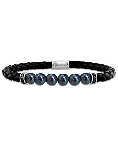 AMOUR 7.5-8mm Men's Black Cultured Freshwater Pearl Braided Black Leather Bracelet with Diamond Accents - 9 In.