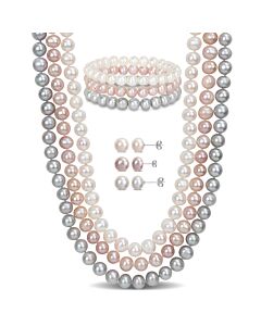 AMOUR 7-piece Jewelry Set (white/grey/pink) Freshwater Cultured 7.5-8mm Pearls - 3-Strand Necklace, 3 X 7in Stretch Bracelets, 3 Pairs Of Earrings In