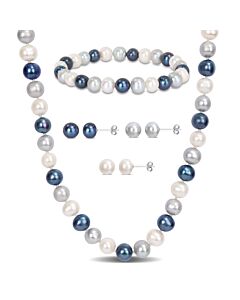 AMOUR 7.5-8mm Multi-color Freshwater Cultured Pearl 5-piece Set Of Necklace Earrings & Bracelet In Sterling Silver