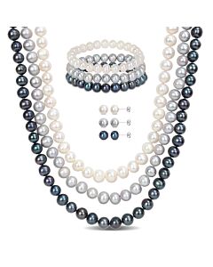 AMOUR 7-piece Jewelry Set (white/black/grey) Freshwater Cultured 7.5-8mm Pearls - 3-Strand Necklace, 3 X 7in Stretch Bracelets, 3 Pairs Of Earrings In
