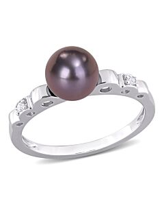 Amour 7 - 7.5 MM Black Freshwater Cultured Pearl and 0.06 CT TGW White Topaz Ring in Sterling Silver