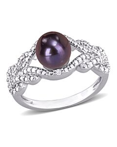 Amour 7 - 7.5 MM Black Freshwater Cultured Pearl and Diamond Accent Ring in Sterling Silver