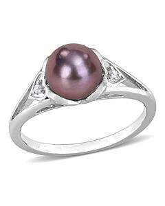 Amour 7 - 7.5 MM Black Freshwater Cultured Pearl and Diamond Accent Ring in Sterling Silver