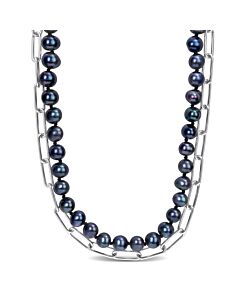 AMOUR 7-7.5mm Black Freshwater Cultured Pearl Double Layered Chain Necklace In Sterling Silver, 18 In