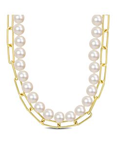 AMOUR 7-7.5 Mm Cultured Freshwater Pearl and 5 Mm Link Chain Layered Necklace In 18k Gold Plated Sterling Silver
