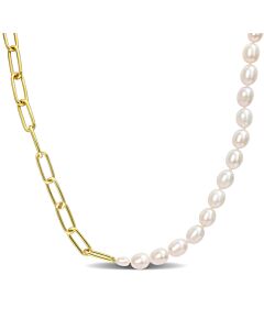 AMOUR 7-7.5 Mm Cultured Freshwater Rice Pearl and 6 Mm Oval Link Chain Necklace In 18k Gold Plated Sterling Silver