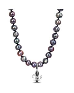 Amour 7-7.5mm Black Cultured Freshwater Pearl and 1/10 CT TW Black Diamond Men's Necklace with Large Lobster Clasp in Sterling Silver