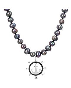 Amour 7-7.5mm Black Cultured Freshwater Pearl and 1/3 CT TW Black Diamond Necklace with Large Lobster Clasp in Black Plated Sterling Silver